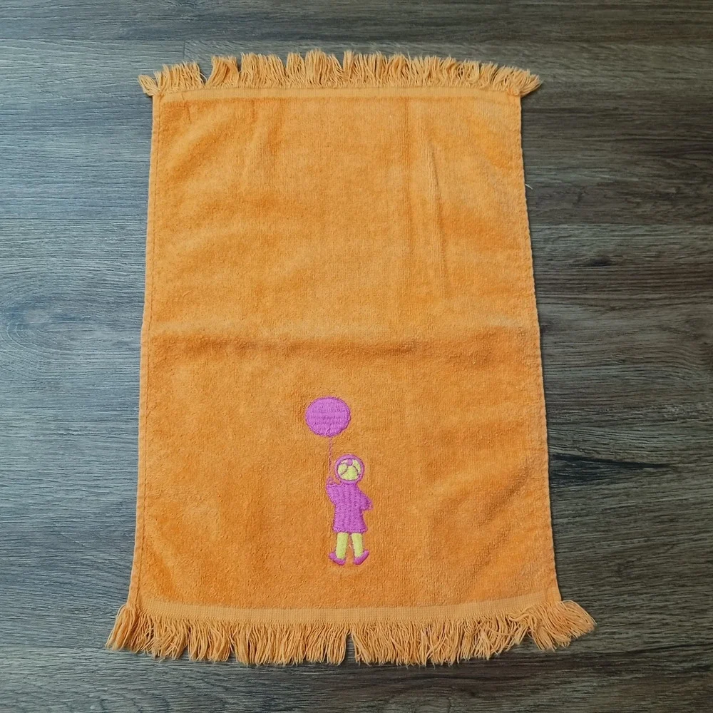 Vintage Cannon Orange Cotton Hand Towel Embroidered Figure Pink Balloon Fringe